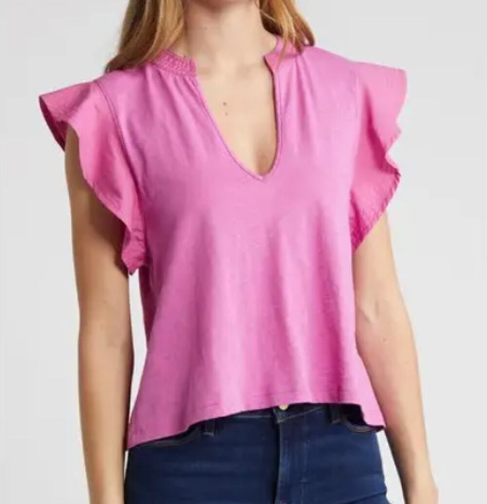 Nation Ltd Fuschia Constance V-Neck Flutter Sleeve Top (S)